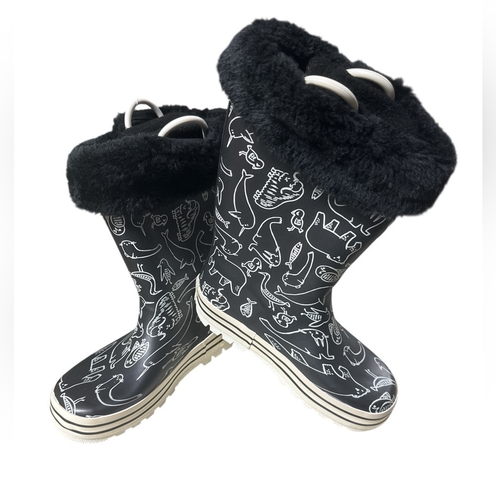 NOVA Black Dinosaur Print Rain Boots with Removable Fur Lining - Kids Size 11